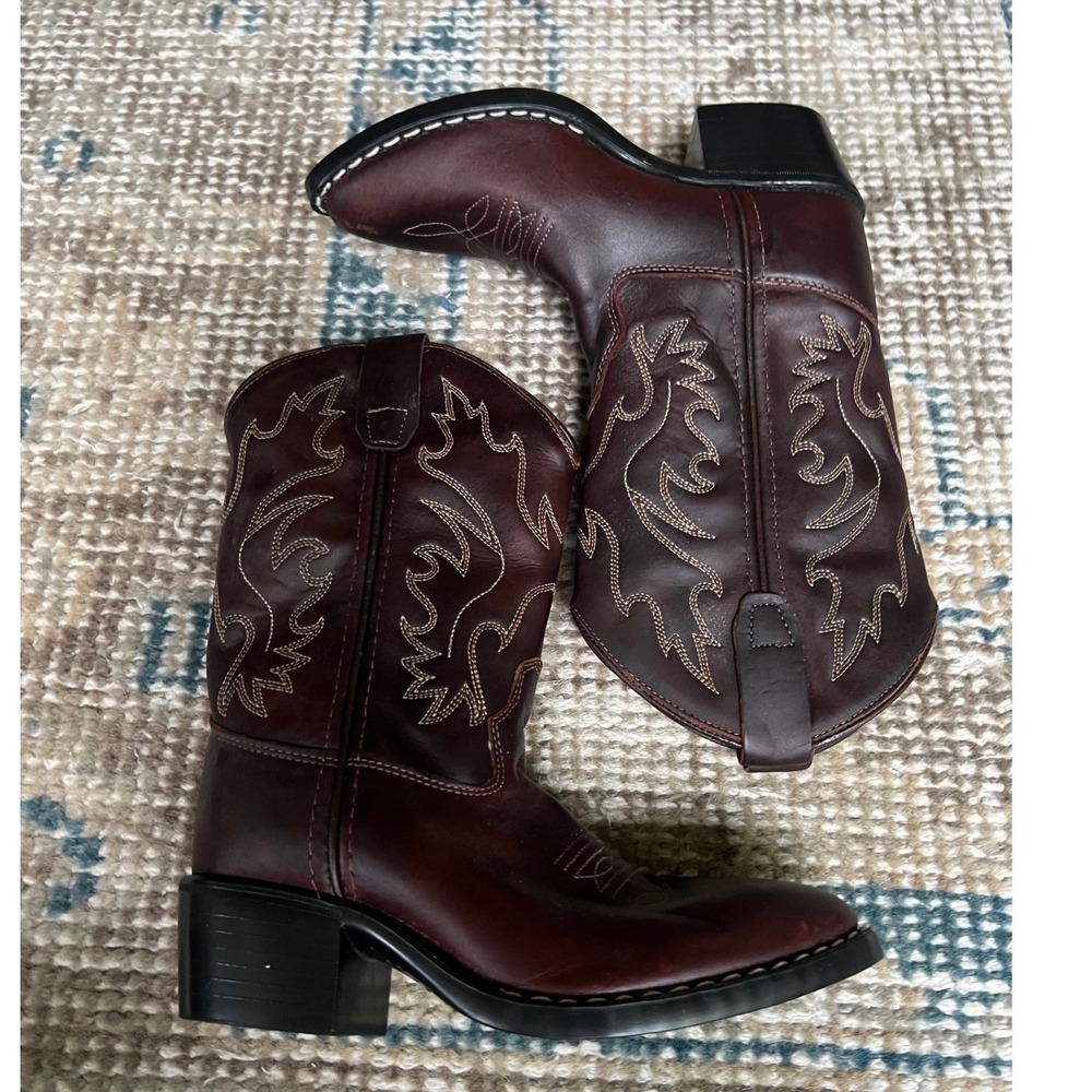 Old West Kids Burgundy Leather Cowboy Boots Western Pointed Toe 8152 Size 12D - Picture 2 of 7